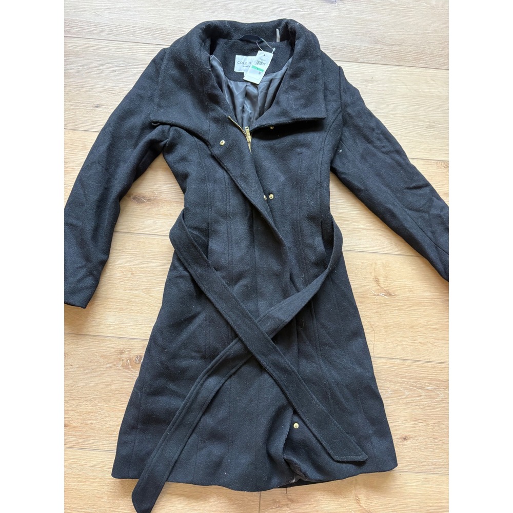Cole Haan Signature Womens Black Wool Blend dress Coat overcoat Zip size‎ 8